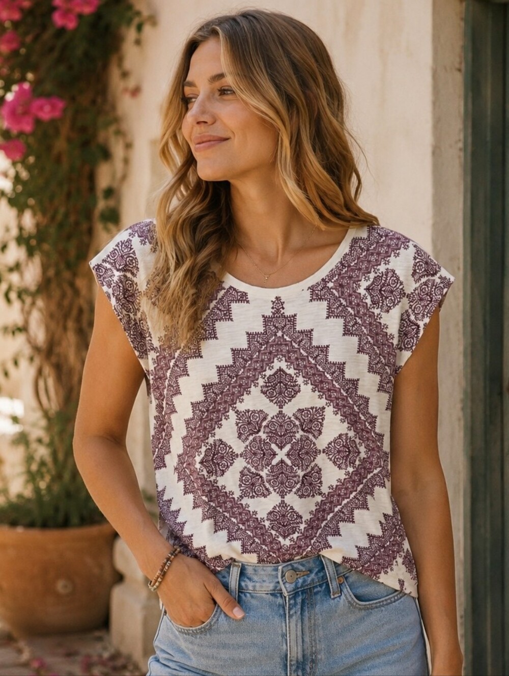 Lucky Brand Cream Tee with Burgundy Geometric Print, Size Small